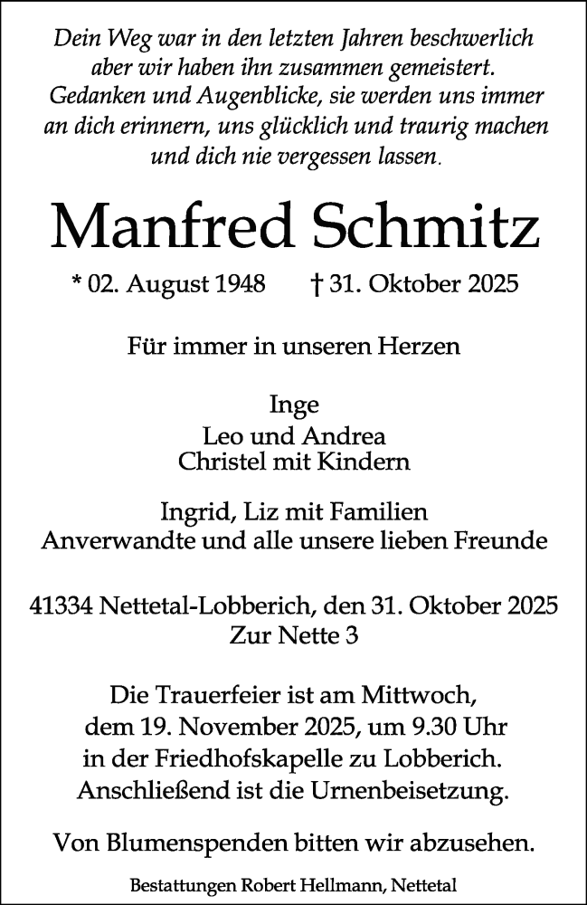  Traueranzeige für Manfred Schmitz vom 09.11.2025 aus trauer.panorama-anzeigenblatt.de