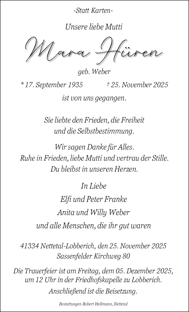  Traueranzeige für Mara Hüren vom 30.11.2025 aus trauer.panorama-anzeigenblatt.de