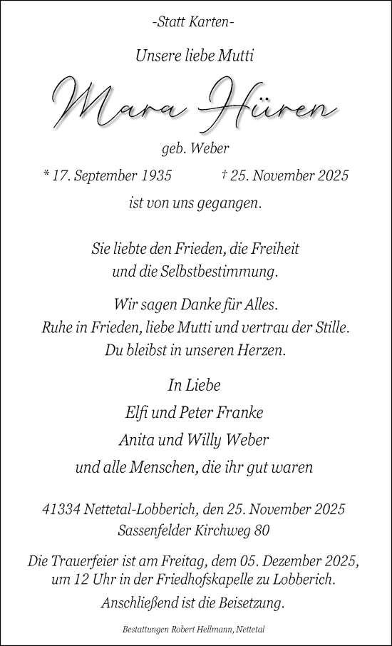 Traueranzeige von Mara Hüren von trauer.panorama-anzeigenblatt.de