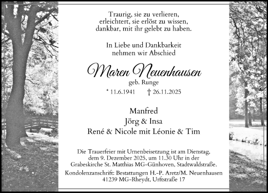 Traueranzeige von Maren Neuenhausen von trauer.panorama-anzeigenblatt.de