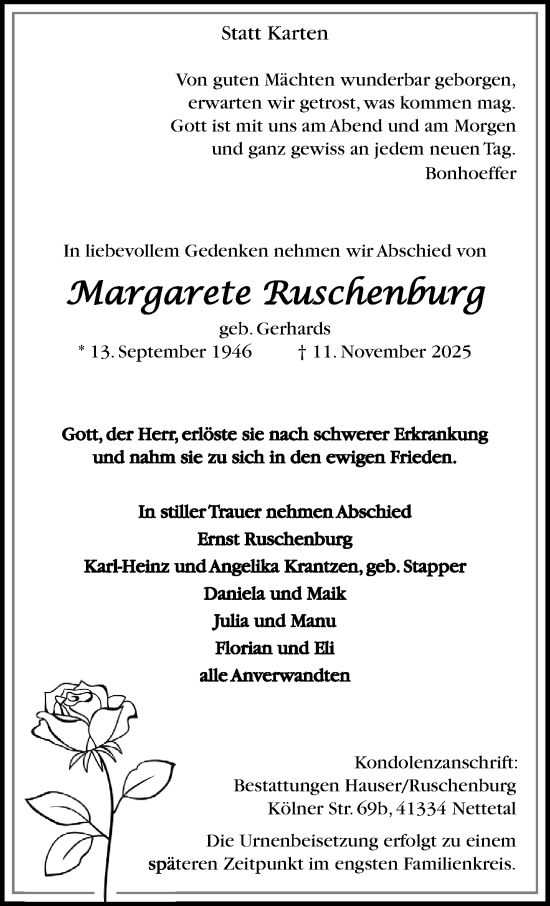 Traueranzeige von Margarete Ruschenburg von trauer.panorama-anzeigenblatt.de