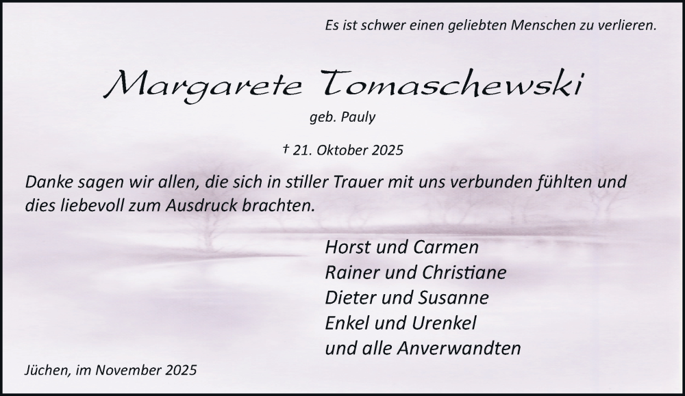  Traueranzeige für Margarete Tomaschewski vom 22.11.2025 aus trauer.stadt-kurier.de