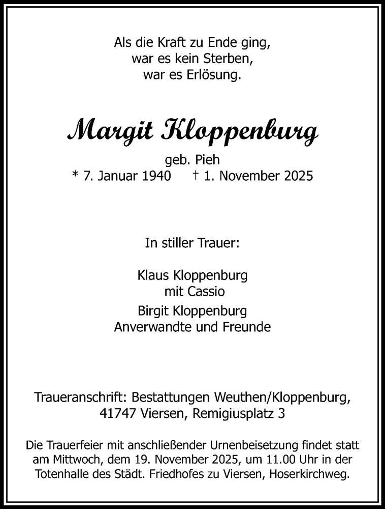  Traueranzeige für Margit Kloppenburg vom 16.11.2025 aus trauer.panorama-anzeigenblatt.de