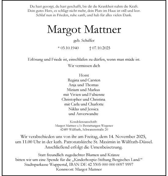 Traueranzeige von Margot Mattner von trauer.wuppertaler-rundschau.de