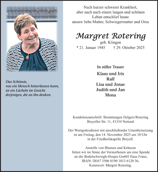 Traueranzeige von Margret Rotering von trauer.panorama-anzeigenblatt.de