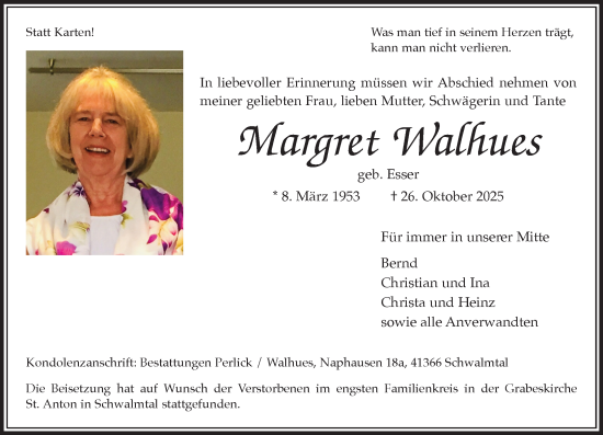 Traueranzeige von Margret Walhues von trauer.panorama-anzeigenblatt.de