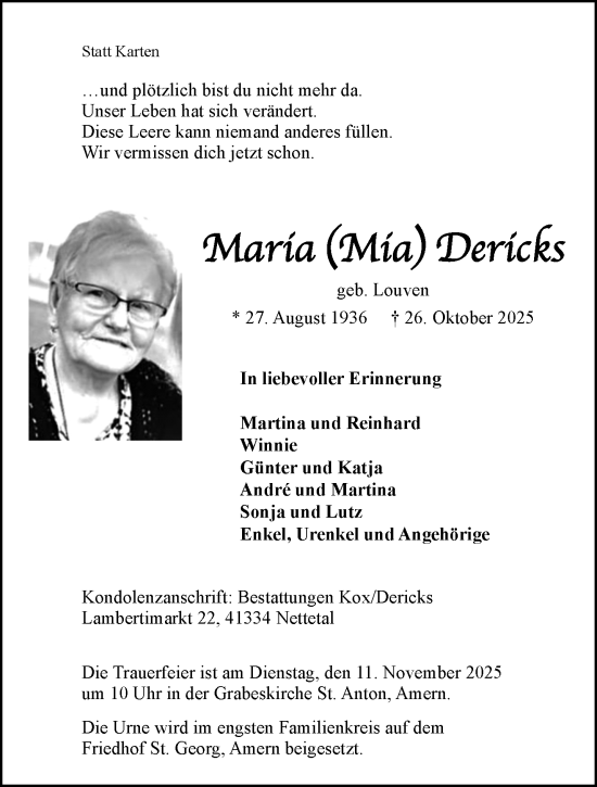 Traueranzeige von Maria Dericks von trauer.panorama-anzeigenblatt.de