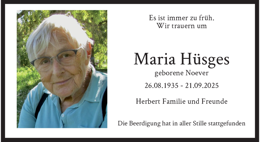  Traueranzeige für Maria Hüsges vom 02.11.2025 aus trauer.panorama-anzeigenblatt.de