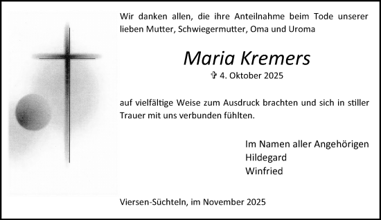 Traueranzeige von Maria Kremers von trauer.panorama-anzeigenblatt.de