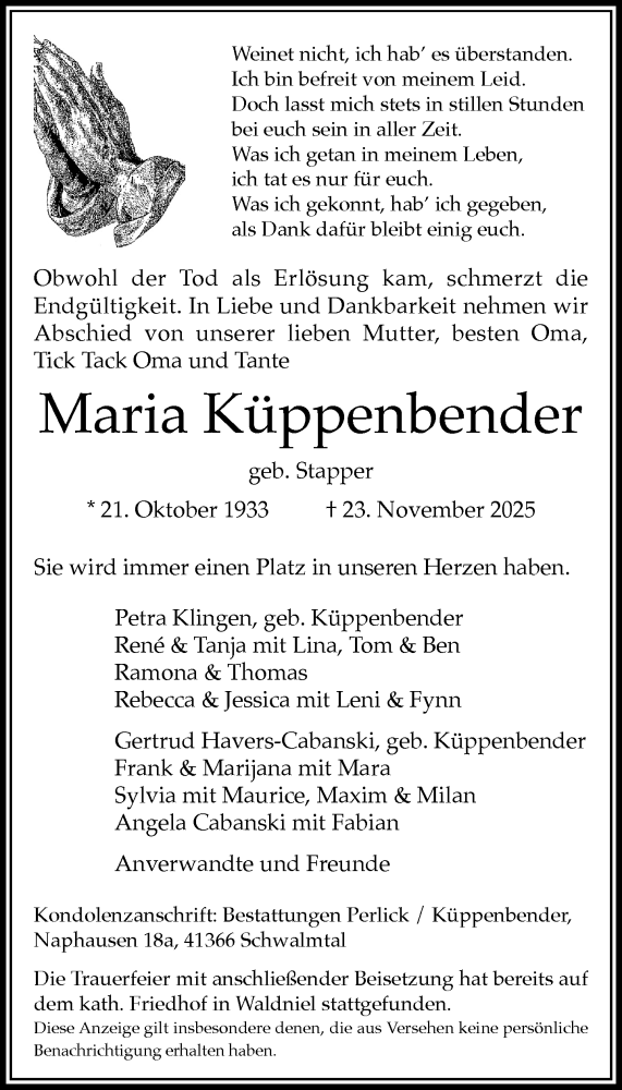  Traueranzeige für Maria Küppenbender vom 30.11.2025 aus trauer.panorama-anzeigenblatt.de