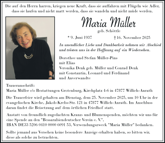 Traueranzeige von Maria Müller von trauer.panorama-anzeigenblatt.de
