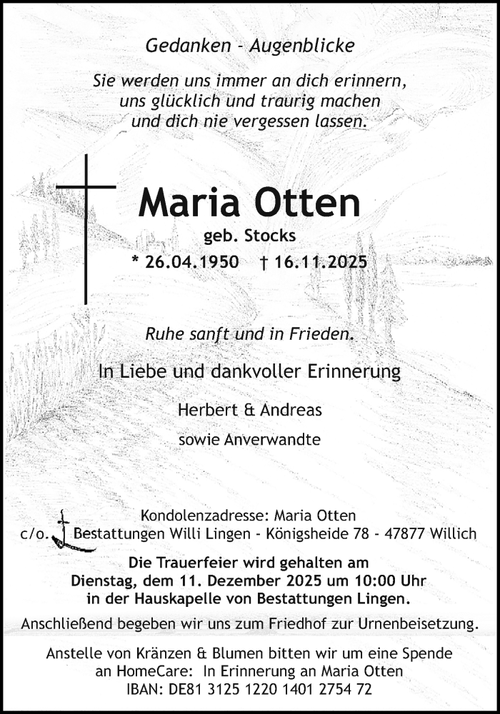  Traueranzeige für Maria Otten vom 30.11.2025 aus trauer.panorama-anzeigenblatt.de