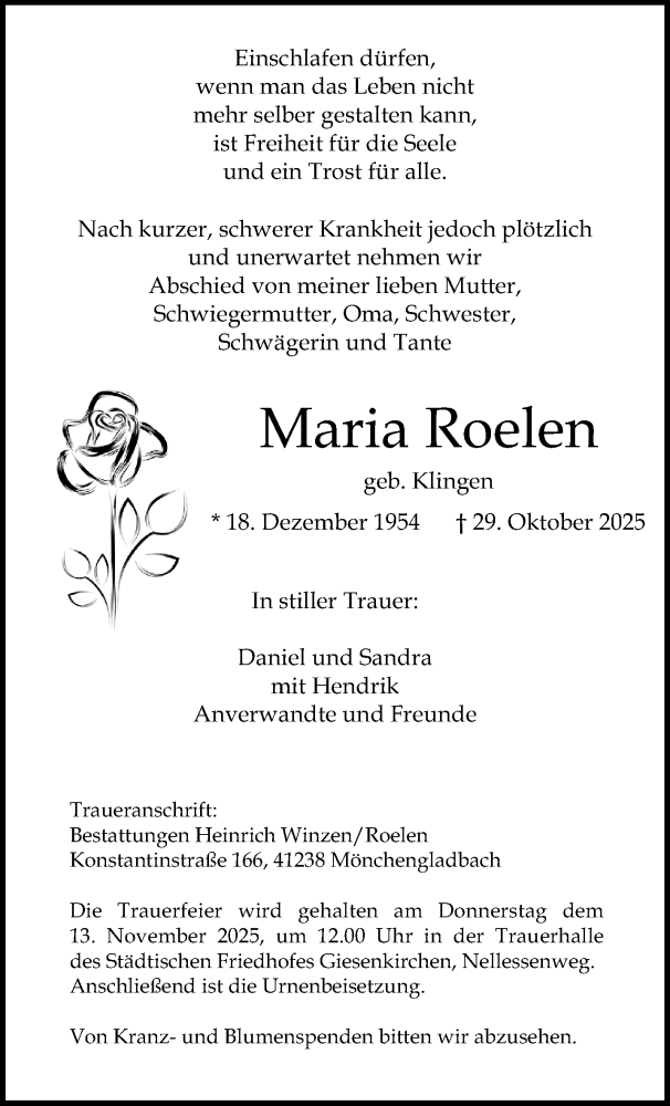  Traueranzeige für Maria Roelen vom 09.11.2025 aus trauer.panorama-anzeigenblatt.de
