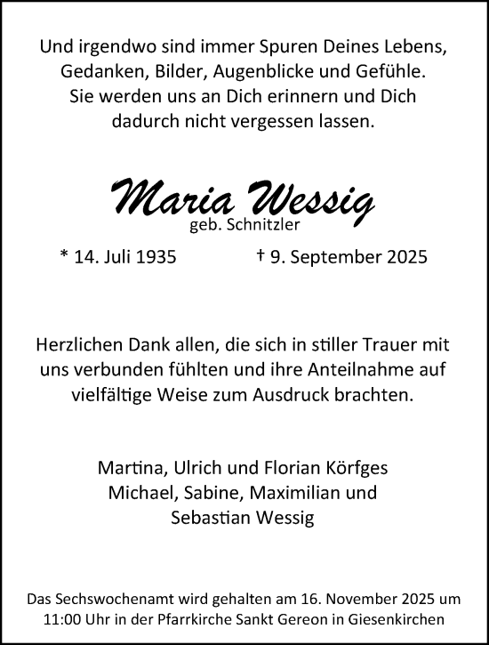 Traueranzeige von Maria Wessig von trauer.panorama-anzeigenblatt.de