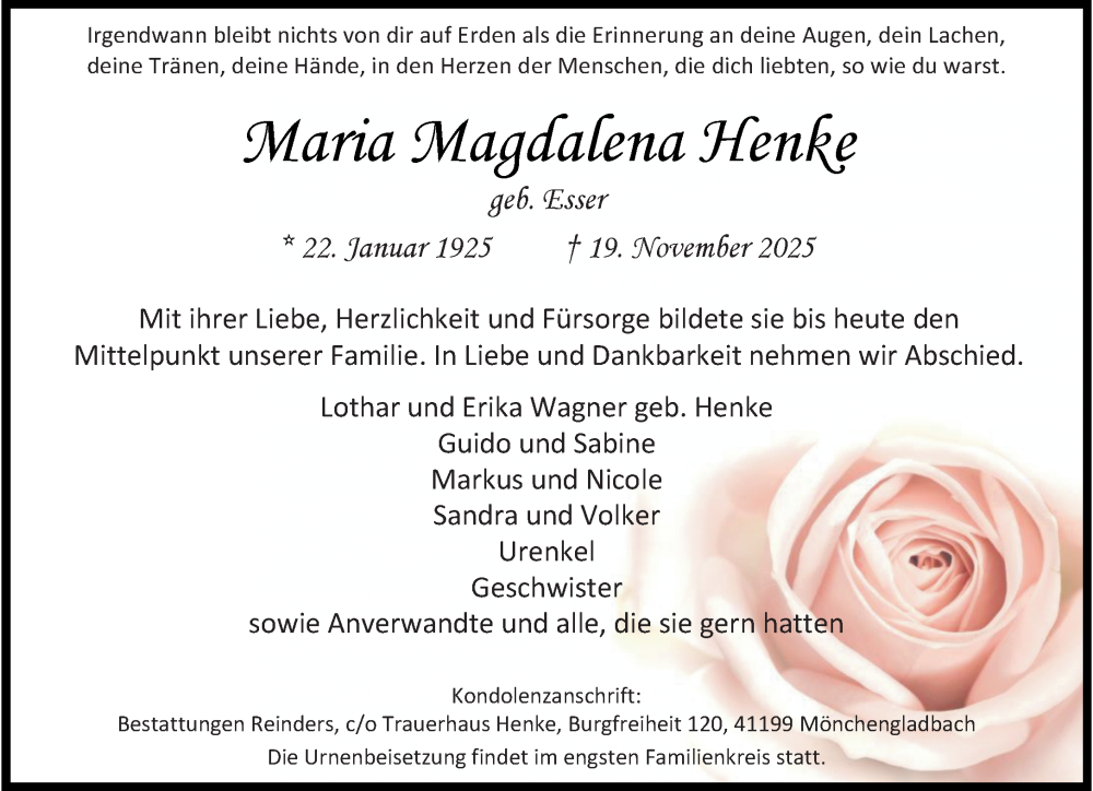  Traueranzeige für Maria Magdalena Henke vom 30.11.2025 aus trauer.panorama-anzeigenblatt.de