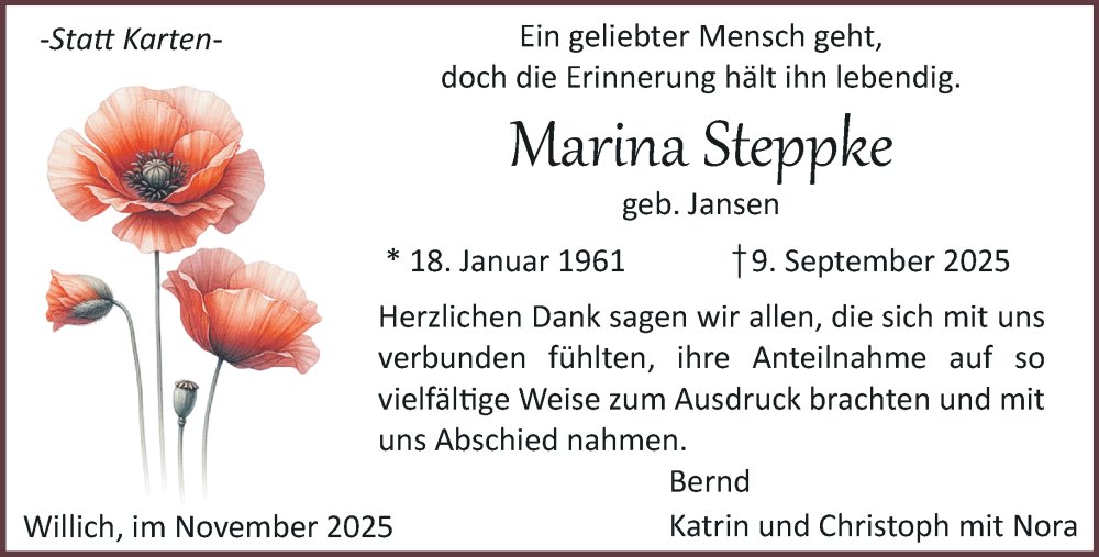  Traueranzeige für Marina Steppke vom 09.11.2025 aus trauer.panorama-anzeigenblatt.de