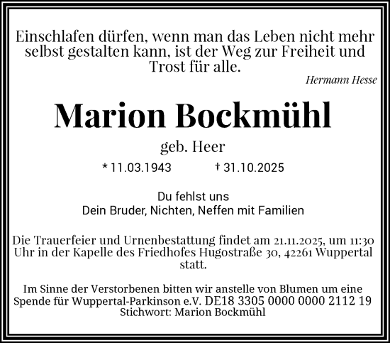 Traueranzeige von Marion Bockmühl von trauer.wuppertaler-rundschau.de