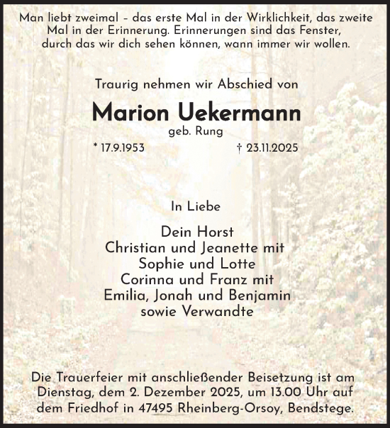 Traueranzeige von Marion Uekermann von trauer.panorama-anzeigenblatt.de