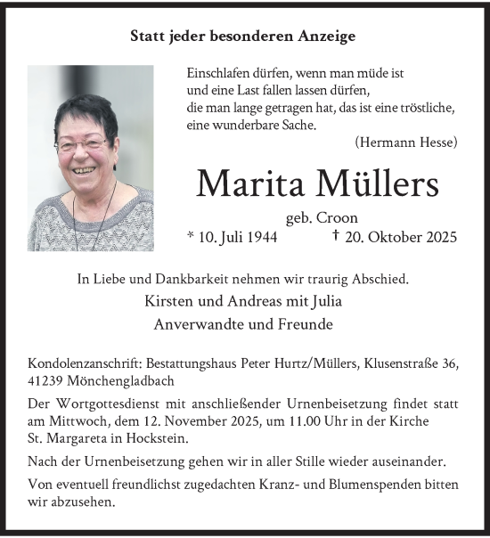 Traueranzeige von Marita Müllers von trauer.panorama-anzeigenblatt.de