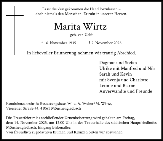 Traueranzeige von Marita Wirtz von trauer.panorama-anzeigenblatt.de