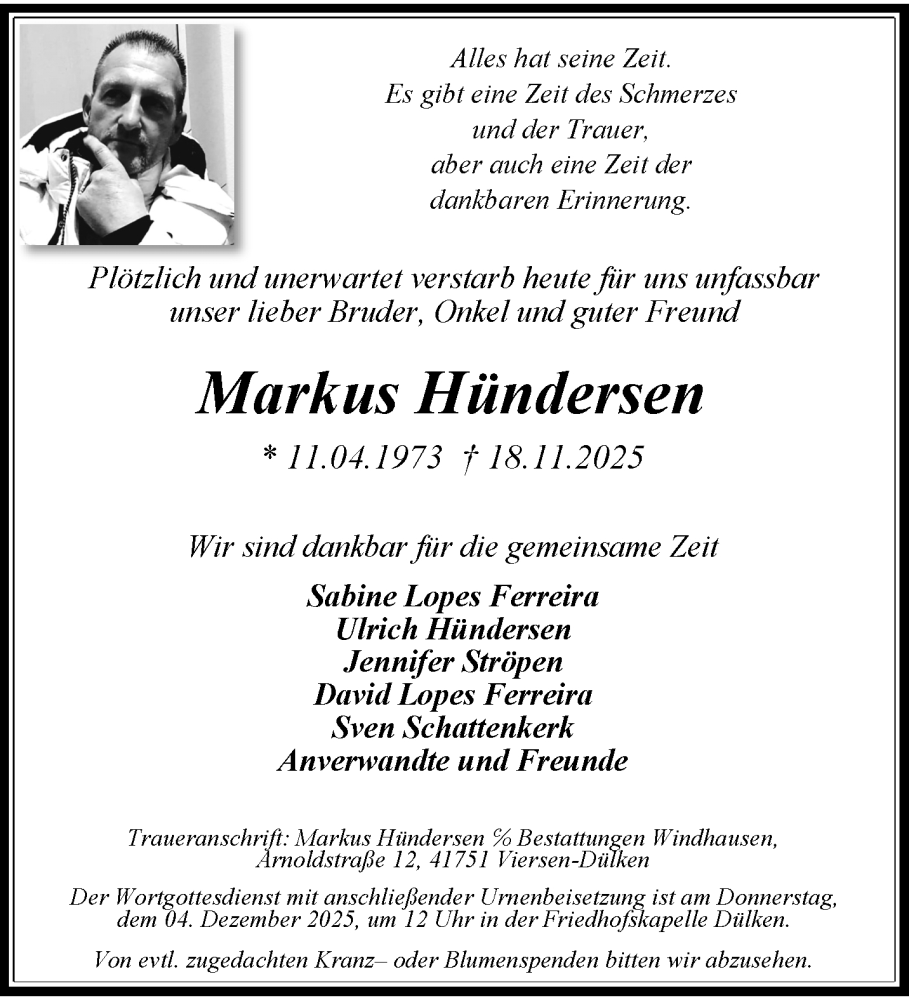  Traueranzeige für Markus Hündersen vom 30.11.2025 aus trauer.panorama-anzeigenblatt.de