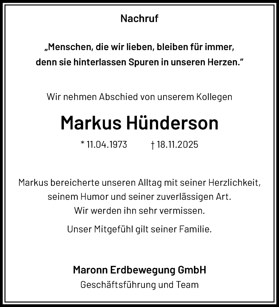  Traueranzeige für Markus Hünderson vom 30.11.2025 aus trauer.panorama-anzeigenblatt.de
