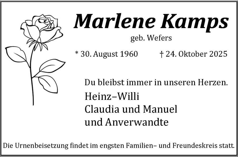  Traueranzeige für Marlene Kamps vom 09.11.2025 aus trauer.panorama-anzeigenblatt.de