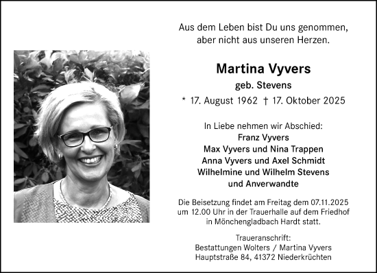 Traueranzeige von Martina Vyvers von trauer.panorama-anzeigenblatt.de