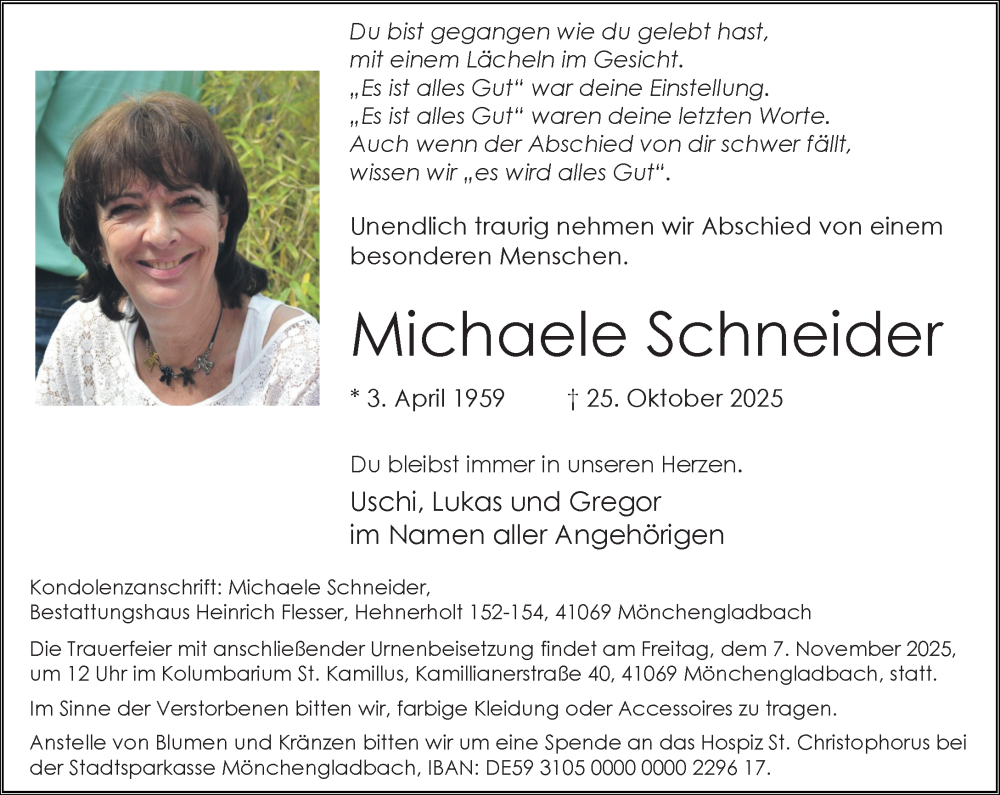  Traueranzeige für Michaele Schneider vom 02.11.2025 aus trauer.panorama-anzeigenblatt.de