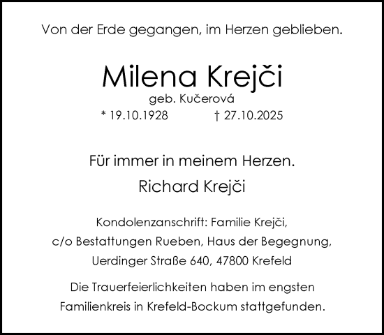 Traueranzeige von Milena Krejčí von trauer.panorama-anzeigenblatt.de