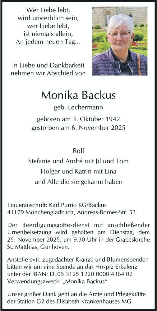 Traueranzeige von Monika Backus von trauer.panorama-anzeigenblatt.de