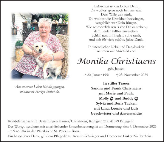 Traueranzeige von Monika Christiaens von trauer.panorama-anzeigenblatt.de