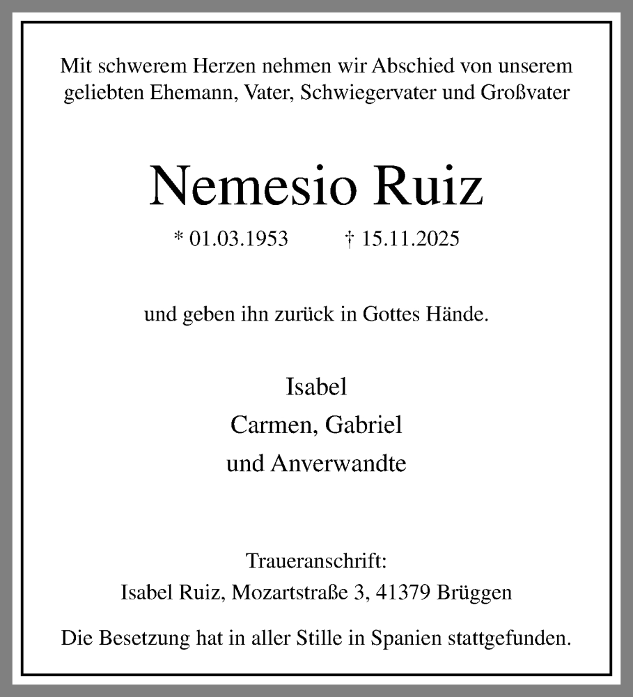  Traueranzeige für Nemesio Ruiz vom 30.11.2025 aus trauer.panorama-anzeigenblatt.de