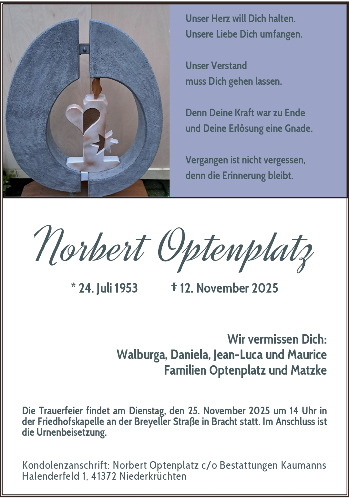  Traueranzeige für Norbert Optenplatz vom 23.11.2025 aus trauer.panorama-anzeigenblatt.de