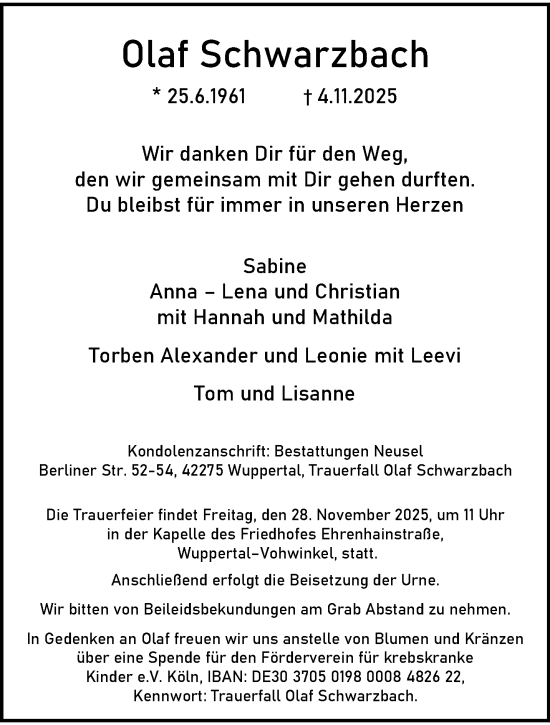 Traueranzeige von Olaf Schwarzbach von trauer.wuppertaler-rundschau.de