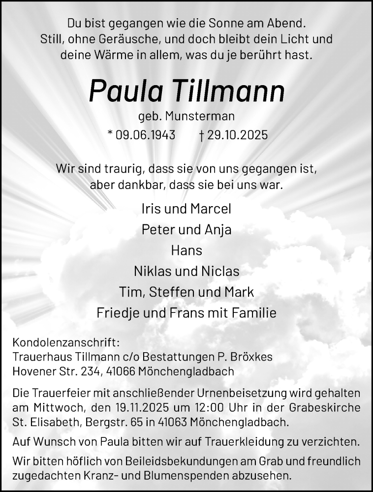  Traueranzeige für Paula Tillmann vom 09.11.2025 aus trauer.panorama-anzeigenblatt.de