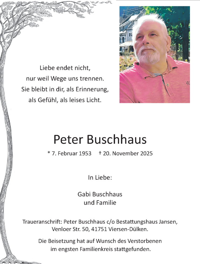  Traueranzeige für Peter Buschhaus vom 30.11.2025 aus trauer.panorama-anzeigenblatt.de