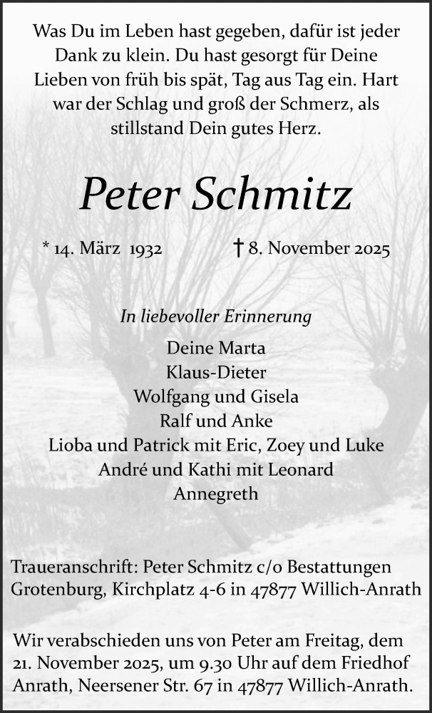  Traueranzeige für Peter Schmitz vom 16.11.2025 aus trauer.panorama-anzeigenblatt.de