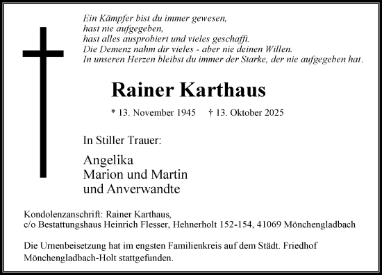 Traueranzeige von Rainer Karthaus von trauer.panorama-anzeigenblatt.de