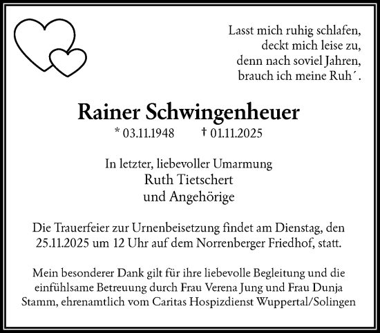 Traueranzeige von Rainer Schwingenheuer von trauer.wuppertaler-rundschau.de