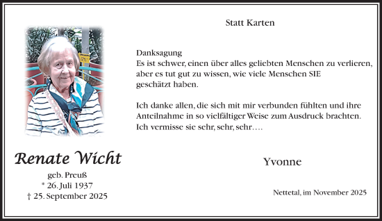 Traueranzeige von Renate Wicht von trauer.panorama-anzeigenblatt.de
