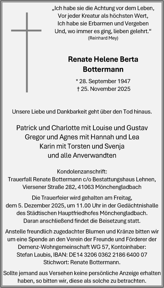 Traueranzeige für Renate Helene Berta Bottermann vom 30.11.2025 aus trauer.panorama-anzeigenblatt.de