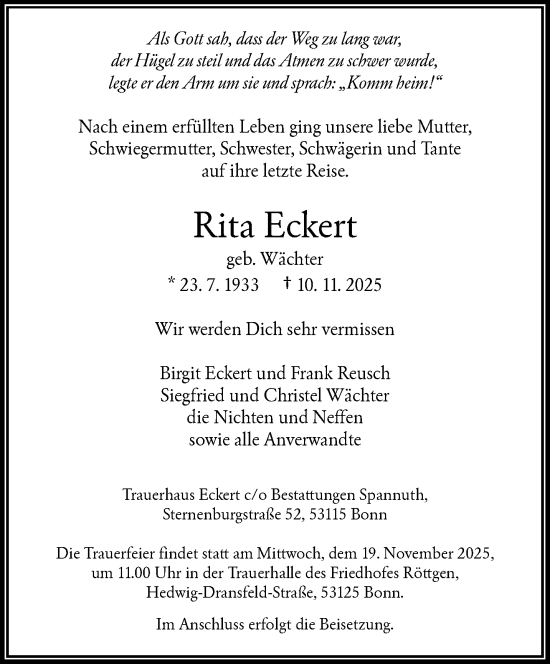 Traueranzeige von Rita Eckert von trauer.wuppertaler-rundschau.de