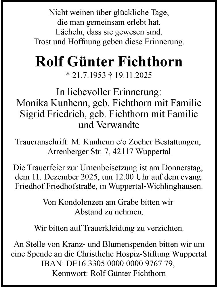  Traueranzeige für Rolf Günter Fichthorn vom 29.11.2025 aus trauer.wuppertaler-rundschau.de