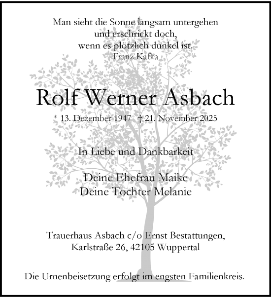 Traueranzeige von Rolf Werner Asbach von trauer.wuppertaler-rundschau.de