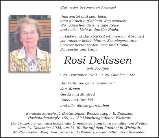 Traueranzeige von Rosi Delissen von trauer.panorama-anzeigenblatt.de