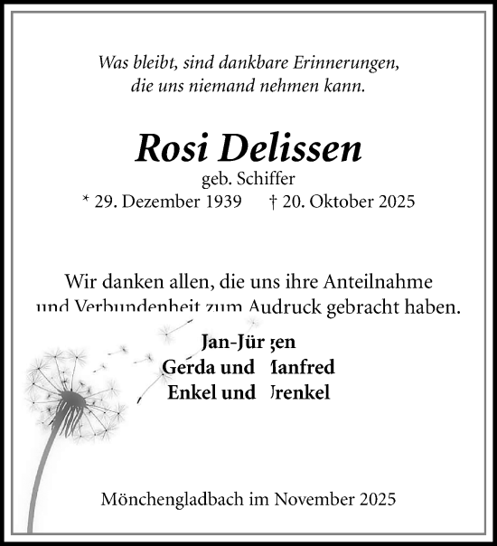 Traueranzeige von Rosi Delissen von trauer.panorama-anzeigenblatt.de