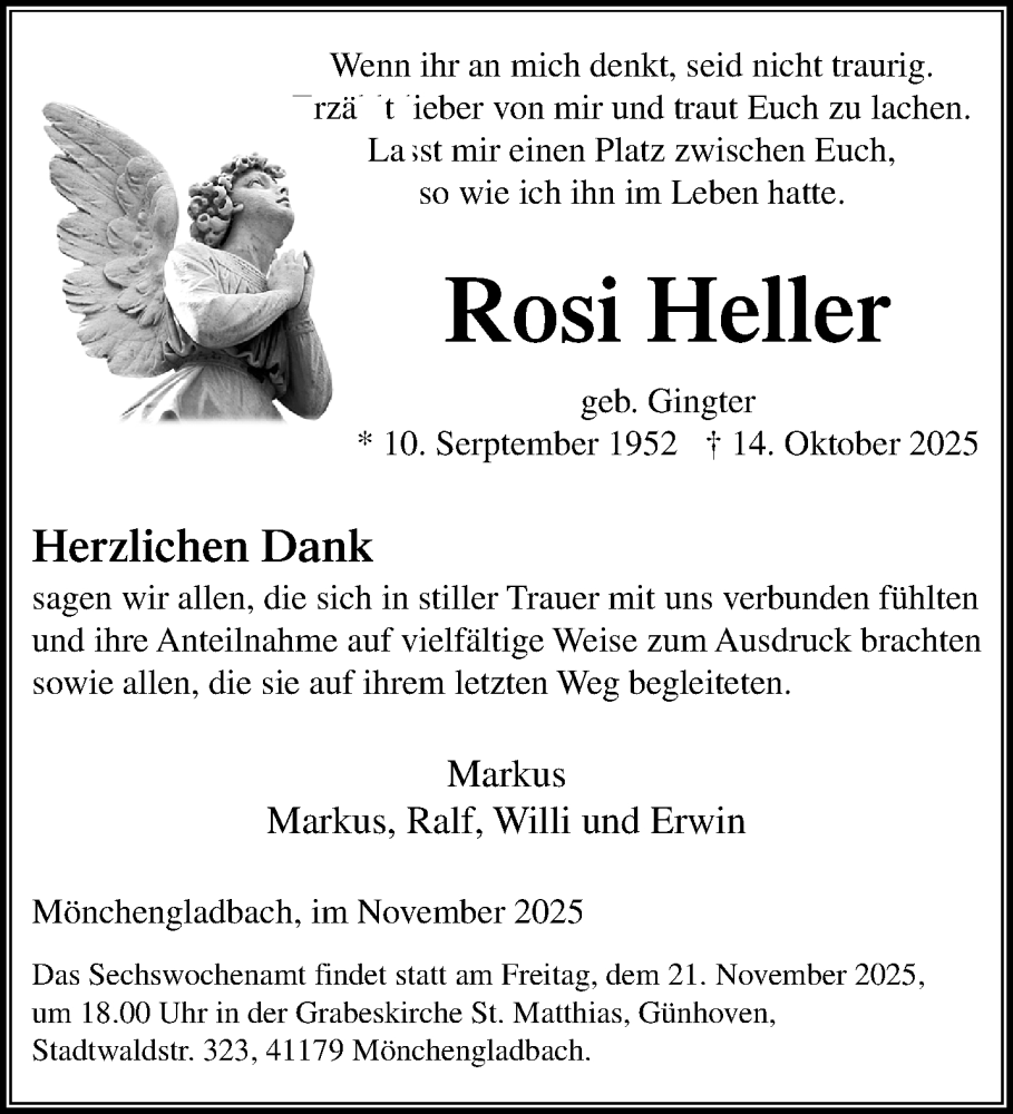  Traueranzeige für Rosi Heller vom 16.11.2025 aus trauer.panorama-anzeigenblatt.de