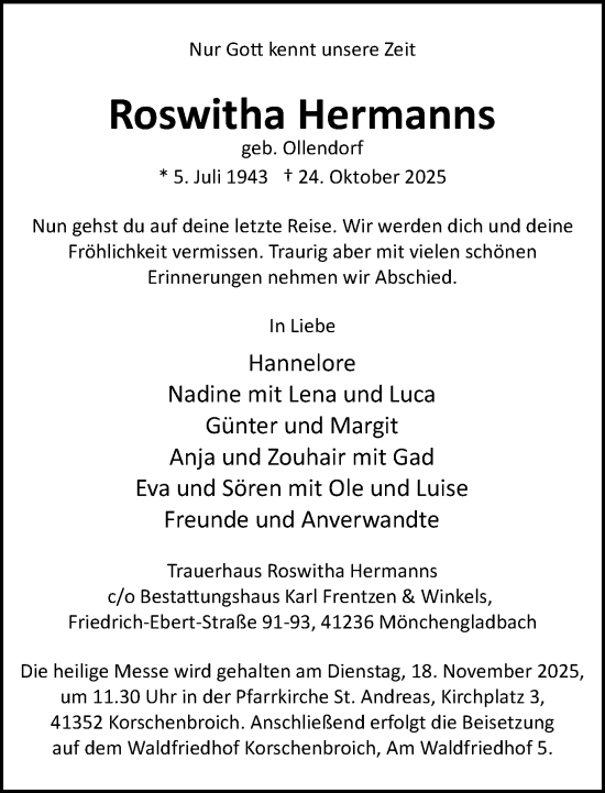 Traueranzeige von Roswitha Hermanns von trauer.panorama-anzeigenblatt.de