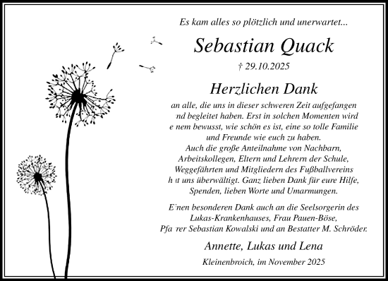 Traueranzeige von Sebastian Quack von trauer.panorama-anzeigenblatt.de